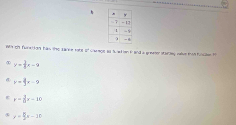 Which function has the same rate of change as function P and a greater starting value than function P?
y= 3/8 x-9
y= 8/3 x-9
y= 3/8 x-10
y= 8/3 x-10