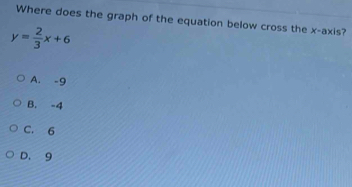 Where does the graph of the equation below cross the x-axis?
y= 2/3 x+6
A. -9
B. -4
C. 6
D， 9