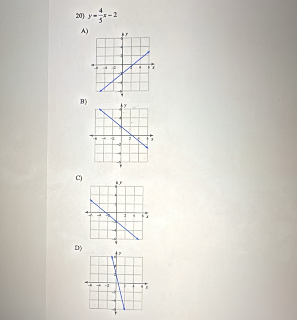 y= 4/5 x-2
A
B
C
D)