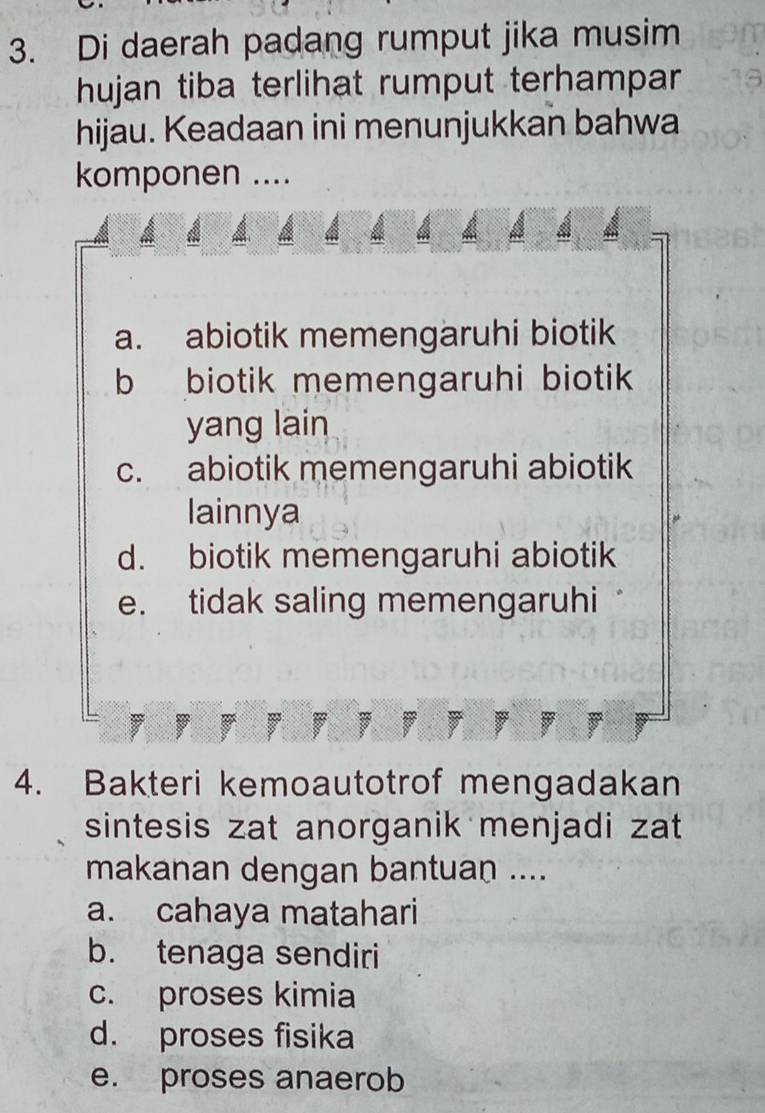 Di daerah padang rumput jika musim
hujan tiba terlihat rumput terhampar 
hijau. Keadaan ini menunjukkan bahwa
komponen ....
a. abiotik memengaruhi biotik
b biotik memengaruhi biotik
yang lain
c. abiotik memengaruhi abiotik
lainnya
d. biotik memengaruhi abiotik
e. tidak saling memengaruhi
4. Bakteri kemoautotrof mengadakan
sintesis zat anorganik menjadi zat
makanan dengan bantuan ....
a. cahaya matahari
b. tenaga sendiri
c. proses kimia
d. proses fisika
e. proses anaerob