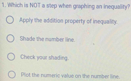 Which is NOT a step when graphing an inequality?
Apply the addition property of inequality.
Shade the number line.
Check your shading.
Plot the numeric value on the number line.