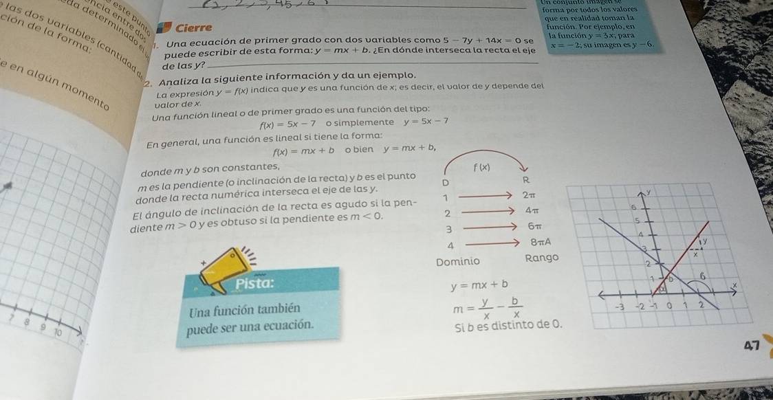 forma por todos los valores
ste p un Cierre
que en realidad toman la 
ncia entre do
ción de la forma da determinado e_
función. Por ejemplo, en
Una ecuación de primer grado con dos variables como 5-7y+14x=0 se la función y=3x; para
x=-2
puede escribir de esta forma: y=mx+b. ¿En dónde interseca la recta el eje ; su imagen es y-6. 
las dos varíables (cantidad de las y? y=mx+b, 
2. Analiza la siguiente información y da un ejemplo.
La expresión y=f(x) indica que y es una función de x; es decir, el valor de y depende del
e en algún moment. valor de x. _ f(x)
Una función lineal o de primer grado es una función del tipo:
f(x)=5x-7 o simplemente y=5x-7
En general, una función es lineal si tiene la forma:
f(x)=mx+b o bien
donde m y b son constantes,
m es la pendiente (o inclinación de la recta) y b es el punto
donde la recta numérica interseca el eje de las y. D R
El ángulo de inclinación de la recta es agudo si la pen - 1 2π
diente m>0 y es obtuso si la pendiente es m<0</tex>. 2
Aπ
3
6π
4
8πA
+ Rang
Dominio
Pista:
y=mx+b
Una función también
7 8
m= y/x - b/x 
10
puede ser una ecuación.
Si b es distinto de 
47