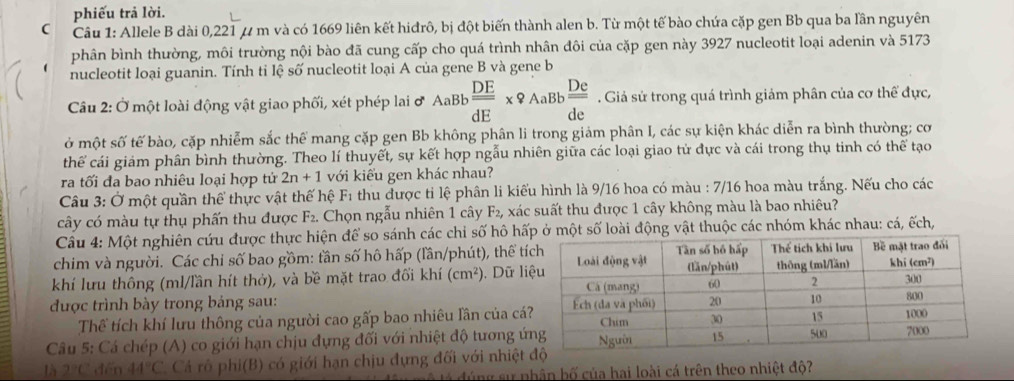 phiếu trả lời.
C  Câu 1: Allele B dài 0,221 ự m và có 1669 liên kết hiđrô, bị đột biến thành alen b. Từ một tế bào chứa cặp gen Bb qua ba lần nguyên
phân bình thường, môi trường nội bào đã cung cấp cho quá trình nhân đôi của cặp gen này 3927 nucleotit loại adenin và 5173
nucleotit loại guanin. Tính tỉ lệ số nucleotit loại A của gene B và gene b
Câu 2: Ở một loài động vật giao phối, xét phép lai ở AaBb  DE/dE * 9AaBb De/de . Giả sử trong quá trình giảm phân của cơ thể đực,
ở một số tế bào, cặp nhiễm sắc thể mang cặp gen Bb không phân li trong giảm phân I, các sự kiện khác diễn ra bình thường; cơ
thế cái giám phân bình thường. Theo lí thuyết, sự kết hợp ngẫu nhiên giữa các loại giao tử đực và cái trong thụ tinh có thể tạo
ra tối đa bao nhiêu loại hợp tử 2n+1 với kiểu gen khác nhau?
Câu 3: Ở một quần thể thực vật thế hệ F1 thu được tỉ lệ phân li kiểu hình là 9/16 hoa có màu : 7/16 hoa màu trắng. Nếu cho các
cây có màu tự thụ phấn thu được F_2. Chọn ngẫu nhiên 1 cây F_2, xác suất thu được 1 cây không màu là bao nhiêu?
Câu 4: Một nghiên cứu được thực hiện để so sánh các chi số hô hấ ở một số loài động vật thuộc các nhóm khác nhau: cá, ếch,
chim và người. Các chi số bao gồm: tần số hô hấp (lần/phút), thể tí
khí lưu thông (ml/lần hít thở), và bề mặt trao đối khí (cm^2). Dữ li
được trình bày trong bảng sau: 
Thể tích khí lưu thông của người cao gấp bao nhiêu lần của cá
Câu 5: Cá chép (A) co giới hạn chịu đựng đối với nhiệt độ tương ứ
là 7 C  đến 44°C Cả rô phi(B) có giới hạn chịu đựng đối với nhiệt
bng sự nhân bố của hai loài cá trên theo nhiệt độ?