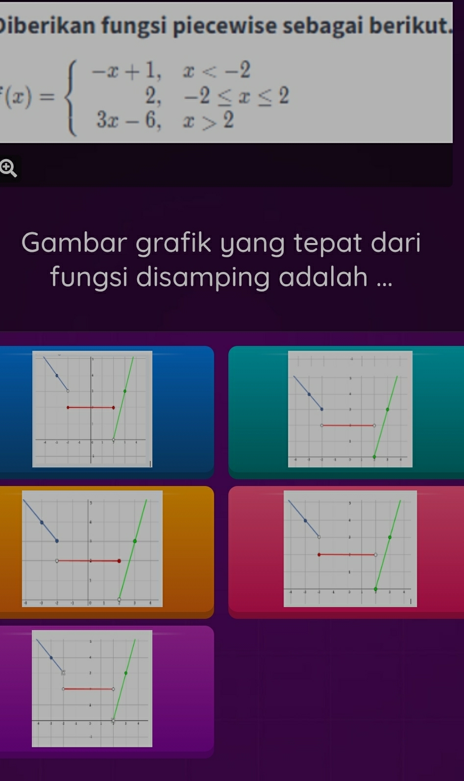 Diberikan fungsi piecewise sebagai berikut.
'(x)=beginarrayl -x+1,x 2endarray.
Q 
Gambar grafik yang tepat dari 
fungsi disamping adalah ...