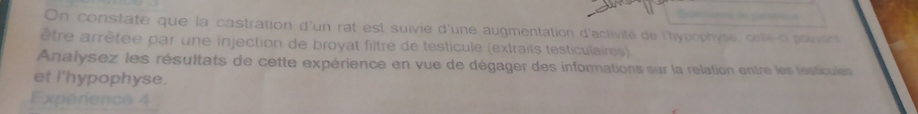 On constate que la castration d'un rat est suivie d'une augmentation d'activité de l'hypophyse, celle-ci pouvant 
être arrêtée par une injection de broyat filtré de testicule (extraits testiculaires). 
Analysez les résultats de cette expérience en vue de dégager des informations sur la relation entre les testicules 
et l'hypophyse. 
Expérience 4