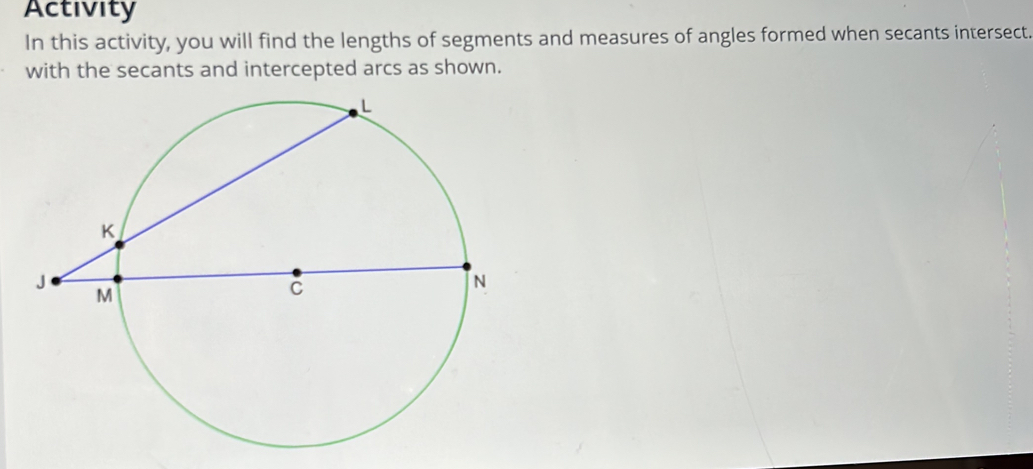 Activity 
In this activity, you will find the lengths of segments and measures of angles formed when secants intersect. 
with the secants and intercepted arcs as shown.