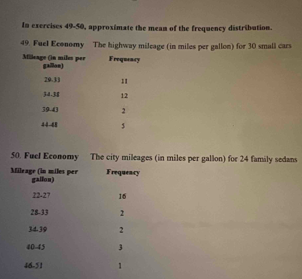 In exercises 49-50, approximate the mean of the frequency distribution. 
49. Fuel Economy The highway mileage (in miles per gallon) for 30 small cars 
50. Fuel Economy The city mileages (in miles per gallon) for 24 family sedans
Mileage (in miles per Frequency 
gallon)
22-27 16
28-33 2
34-39 2
40-45 3
46-51 1