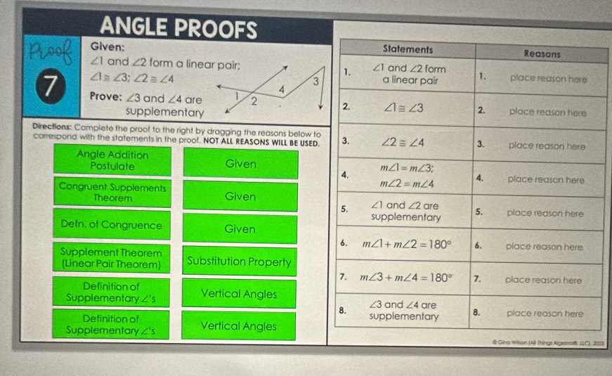 ANGLE PROOFS
Given:
∠ 1 and ∠ 2 form a linear pair;
∠ 1≌ ∠ 3;∠ 2≌ ∠ 4
7 Prove: ∠ 3 and ∠ 4 are
supplementary
Directions: Complete the proot to the right by dragging the reasons below to
correspond with the statements in the proof. NOT ALL REASONS WILL BE USED.
Angle Addition
Postulate Given
Congruent Supplements Given
Theorem 
Defn. of Congruence Given
Supplement Theorem Substitution Property
(Linear Pair Theorem)
Definition of
Supplementary ∠ 's Vertical Angles
Definition of 
Supplementary ∠ 's Vertical Angles
C) 2023