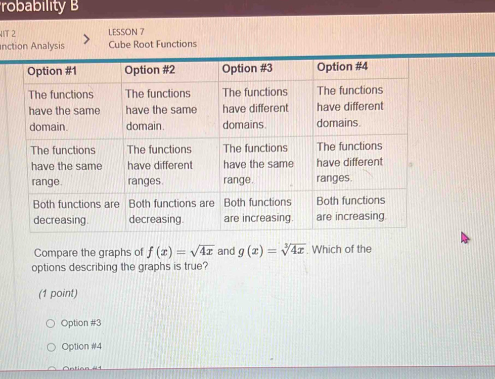 robability B
IT 2 LESSON 7
nction Analysis Cube Root Functions
Compare the graphs of f(x)=sqrt(4x) and g(x)=sqrt[3](4x). Which of the
options describing the graphs is true?
(1 point)
Option #3
Option #4