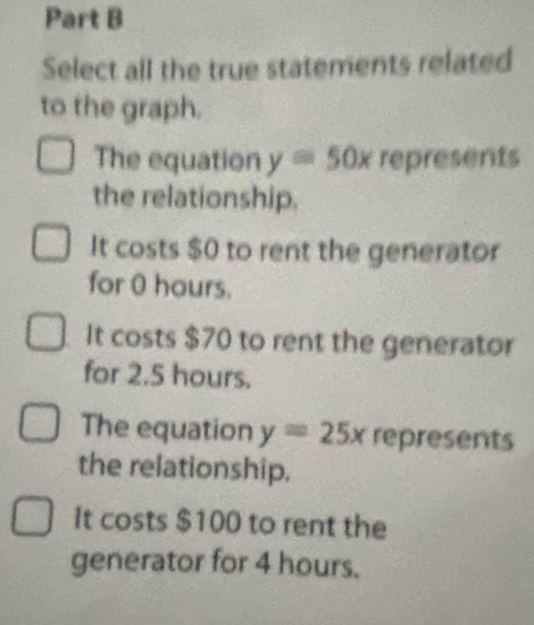 Select all the true statements related
to the graph.
The equation y=50x represents
the relationship.
It costs $0 to rent the generator
for 0 hours.
It costs $70 to rent the generator
for 2.5 hours.
The equation y=25x represents
the relationship.
It costs $100 to rent the
generator for 4 hours.