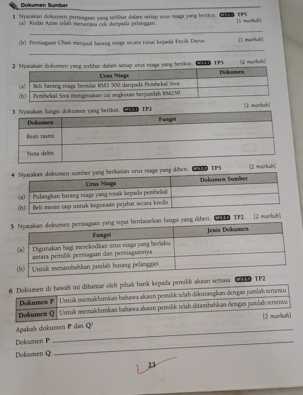 Dokumen Sumber 
I Nyatakan dokumen perniagaan yang terlibat dalam setiap urus niaga yang berikut. S TP5 
(a) Kedai Azim telah menerima cek daripada pelanggan. [1 markah] 
_ 
(b) Perniagaan Chan menjual barang niaga secara tunai kepada Encik Darus. [1 markah] 
_ 
yang berikut. SP321 TP5 [2 markah] 
[2 markah] 
rus niaga yang diberi. SP3.2.2 TP5 [2 markah] 
n fungsi yang diberi. SP32 TP2 [2 
oleh pihak bank kepada pemilik akaun semasa. TP2 
Apakah dokumen P dan Q? 
Dokumen P :_ 
Dokumen Q : 
23