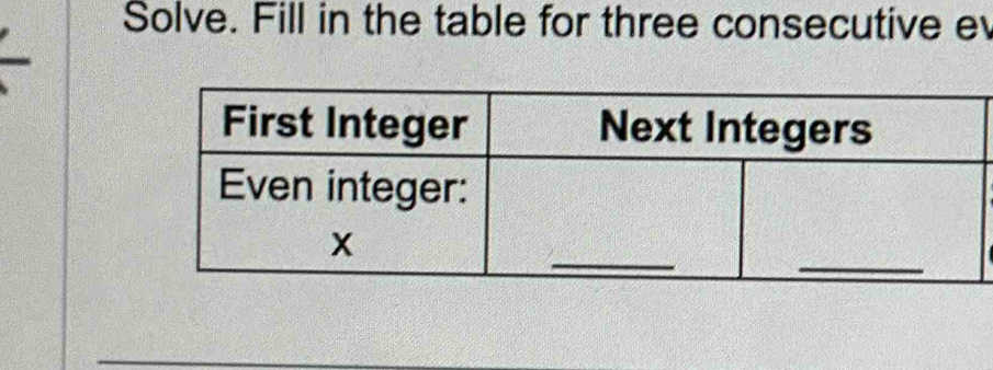 Solve. Fill in the table for three consecutive e