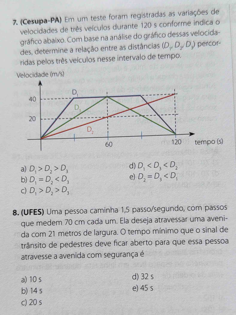 (Cesupa-PA) Em um teste foram registradas as variações de
velocidades de três veículos durante 120 s conforme indica o
gráfico abaixo. Com base na análise do gráfico dessas velocida-
des, determine a relação entre as distâncias (D_1,D_2,D_3) percor-
ridas pelos três veículos nesse intervalo de tempo.
Velocidade (m/s)
a) D_1>D_2>D_3
d) D_1
b) D_1=D_2
e) D_2=D_3
c) D_1>D_2>D_3
8. (UFES) Uma pessoa caminha 1,5 passo/segundo, com passos
que medem 70 cm cada um. Ela deseja atravessar uma aveni-
da com 21 metros de largura. O tempo mínimo que o sinal de
trânsito de pedestres deve ficar aberto para que essa pessoa
atravesse a avenida com segurança é
a) 10 s d) 32 s
b) 14 s e) 45 s
c) 20 s