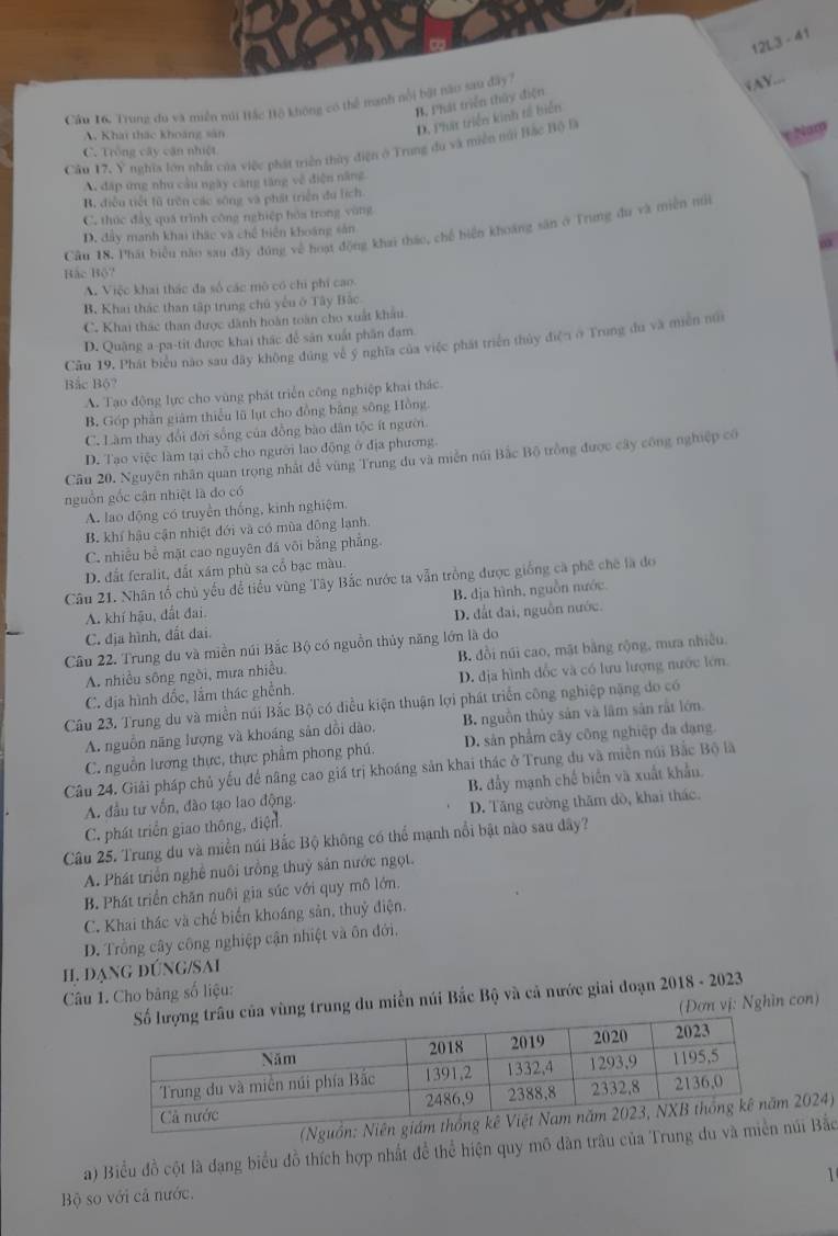 12L3 - 41
B, Phát triển thủy điện
Cầu 16C Trung du và miền núi Bắc Hộ không có thể nanh ni bật nào sau đây ?
AY...
A. Khát thắc khoảng sản
D. Phát triển kinh tế biển
Cầu 17. Y nghĩa lớn nhất của việc phát triển thủy điện ở Trung du và miền núi Bắc Bộ B
Nam
C. Trống cây cận nhiệt
A. đặp ứng như cầu ngày căng tăng về điện năng
B. điều tiết lũ trên các sông và phát triển du lích.
C. thúc đây quá trình công nghiệp hóa trong vùng
Cầu 18. Phát biểu năo sau đây đúng về hoạt động khai tháo, chế biển khoảng sân ở Trung đu và miền núi
D. đây manh khai thác và chế biển khoáng sản
63
Bắc Bộ?
A. Việc khai thác đa số các mô có chi phí cao.
B. Khai thác than tập trung chủ yểu ở Tây Bắc
C. Khai thác than được dành hoàn toàn cho xuất khẩu.
D. Quâng a-pa-tit được khai thác để sân xuất phần đam.
Cầu 19, Phát biểu nào sau đây không đúng về ý nghĩa của việc phát triển thủy điệ ở Trung đu và miền núi
Bắc Bó?
A. Tạo động lực cho vùng phát triển công nghiệp khai thác
B. Góp phần giám thiểu lũ lụt cho đồng bằng sông Hồng.
C. Làm thay đổi đời sống của đồng bào dân tộc ít người.
D. Tạo việc làm tại chỗ cho người lạo động ở địa phương.
Câu 20. Nguyên nhân quan trọng nhất để vùng Trung du và miền núi Bắc Bộ trồng được cây công nghiệp có
nguồn gốc cận nhiệt là do có
A. lao động có truyền thống, kinh nghiệm
B. khí hậu cận nhiệt đới và có mùa đông lạnh.
C. nhiều bể mặt cao nguyên đá vôi bằng phẳng
D. đất feralit, đất xám phù sa cổ bạc màu.
Câu 21. Nhân tổ chủ yếu để tiểu vùng Tây Bắc nước ta vẫn trồng được giống cà phê chế là đo
A. khí hậu, đất đai. B. dịa hình, nguồn nước
C. địa hình, đất đai. D. đất đai, nguồn nước.
Câu 22. Trung du và miền núi Bắc Bộ có nguồn thủy năng lớn là do
A. nhiều sông ngời, mưa nhiều. B. đồi núi cao, mặt bằng rộng, mưa nhiều.
C. địa hình đốc, lầm thác ghềnh D. địa hình đốc và có lưu lượng nước lớn.
Câu 23. Trung du và miền núi Bắc Bộ có điều kiện thuận lợi phát triển công nghiệp nặng do có
A. nguồn năng lượng và khoáng sản dồi dào. B. nguồn thủy sản và lâm sản rắt lớn.
C. nguồn lương thực, thực phẩm phong phú. D. sản phẩm cây công nghiệp đa dạng
Câu 24. Giải pháp chủ yếu để nâng cao giá trị khoáng sản khai thác ở Trung du và miền núi Bắc Bộ là
A. đầu tư vốn, đào tạo lao động. B. đẫy mạnh chế biến và xuất khẩu.
C. phát triển giao thông, điện. D. Tăng cường thăm dò, khai thác.
Câu 25. Trung du và miền núi Bắc Bộ không có thể mạnh nổi bật nào sau đây?
A. Phát triển nghề nuôi trồng thuỷ sản nước ngọt.
B. Phát triển chăn nuôi gia súc với quy mô lớn.
C. Khai thác và chế biến khoáng sản, thuỷ điện.
D. Trồng cây công nghiệp cận nhiệt và ôn đới,
H, đạng đúnG/SAi
Câu 1. Cho bảng số liệu: của vùng trung du miền núi Bắc Bộ và cả nước giai đoạn 2018 - 2023
(Đơn vị: Nghìn con)
(Nguồn: 2024)
a) Biểu đồ cột là đạng biểu đồ thích hợp nhất để thể hiện quy mô dân trâu của Trung du vàúi Bắc
1
Bộ so với cả nước.
