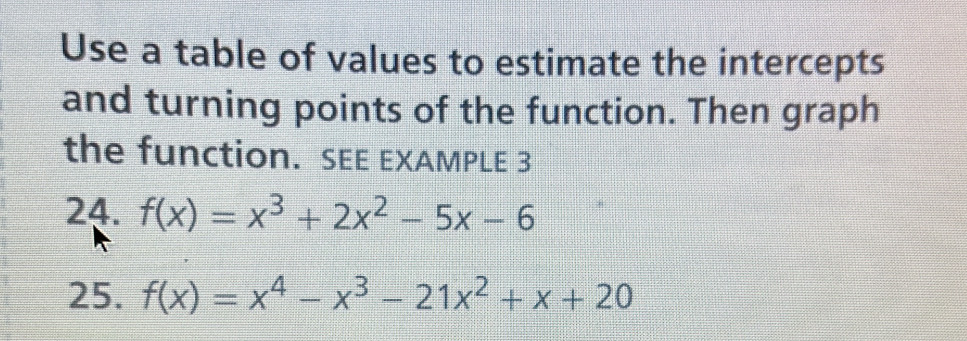 Use a table of values to estimate the intercepts 
and turning points of the function. Then graph 
the function. SEE EXAMPLE 3 
24. f(x)=x^3+2x^2-5x-6
25. f(x)=x^4-x^3-21x^2+x+20