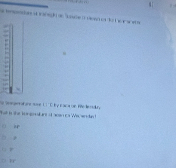 semperature at mhinight on Tuesday is shown on the thermometer
e temperature ruve 11 'C by noon on Wednesday.
hat is the temperature at noon on Wednesday?
24°
|P
=
21°