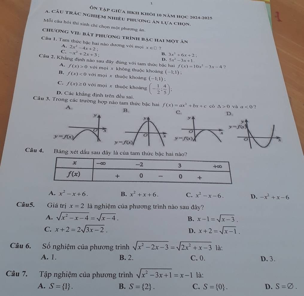 1
Ôn Tập giữa hKh khỏi 10 năm học 2024-2025
a. câu trác nghiệm nhiều phương án lựa chọn.
Mỗi câu hỏi thí sinh chi chọn một phương án.
chươnG VII: Bát phương trình bậc hai một ản
Câu 1. Tam thức bậc hai nào dương với mọi x∈ □ ?
A. 2x^2-4x+2
C. -x^2+2x+3; :
B. 3x^2+6x+2 :
D. 5x^2-3x+1.
Câu 2. Khẳng định nảo sau đây đúng với tam thức bậc hai f(x)=10x^2-3x-4 ?
A. f(x)>0 với mọi x không thuộc khoảng (-1;1) :
B. f(x)<0</tex> với mọi x thuộc khoảng (-1;1).
C. f(x)≥ 0 với mọi x thuộc khoảng (- 1/2 ; 4/5 );
D. Các khẳng định trên đều sai.
Câu 3. Trong các trường hợp nào tam thức bậc hai f(x)=ax^2+bx+c có △ >0 và a<0</tex> ?
A.
B.
o
y=f(x)
Câu 4. Bảng xét dấu sau đây là của tam thức bậc hai nào?
A. x^2-x+6. B. x^2+x+6. C. x^2-x-6. D. -x^2+x-6
Câu5. _ Giá trị x=2 là nghiệm của phương trình nào sau đây?
A. sqrt(x^2-x-4)=sqrt(x-4). x-1=sqrt(x-3).
B.
C. x+2=2sqrt(3x-2). x+2=sqrt(x-1).
D.
Câu 6. Số nghiệm của phương trình sqrt(x^2-2x-3)=sqrt(2x^2+x-3) là:
A. 1. B. 2. C. 0. D. 3.
Câu 7. Tập nghiệm của phương trình sqrt(x^2-3x+1)=x-1 là:
A. S= 1 . B. S= 2 . C. S= 0 . D. S=varnothing .