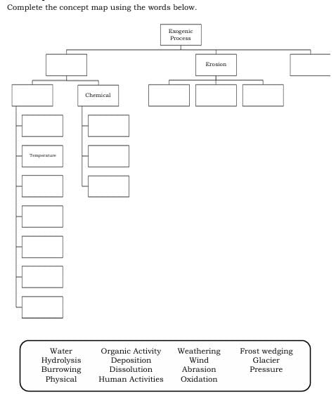 Complete the concept map using the words below.
Exogenic Process
Erosion
Chemical
Tempersure
Water Organic Activity Weathering Frost wedging
Hydrolysis Deposition Wind Glacier
Burrowing Dissolution Abrasion Pressure
Physical Human Activities Oxidation