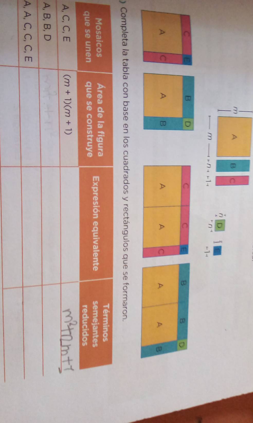 A B C
D
m n_-1 、
` n - -1
C E
B D
C
C E B B D
A c
A B
A
A c A A B
) Completa la tabla con base en los cuadrados y rectángulos que se formaron.
A
A
A