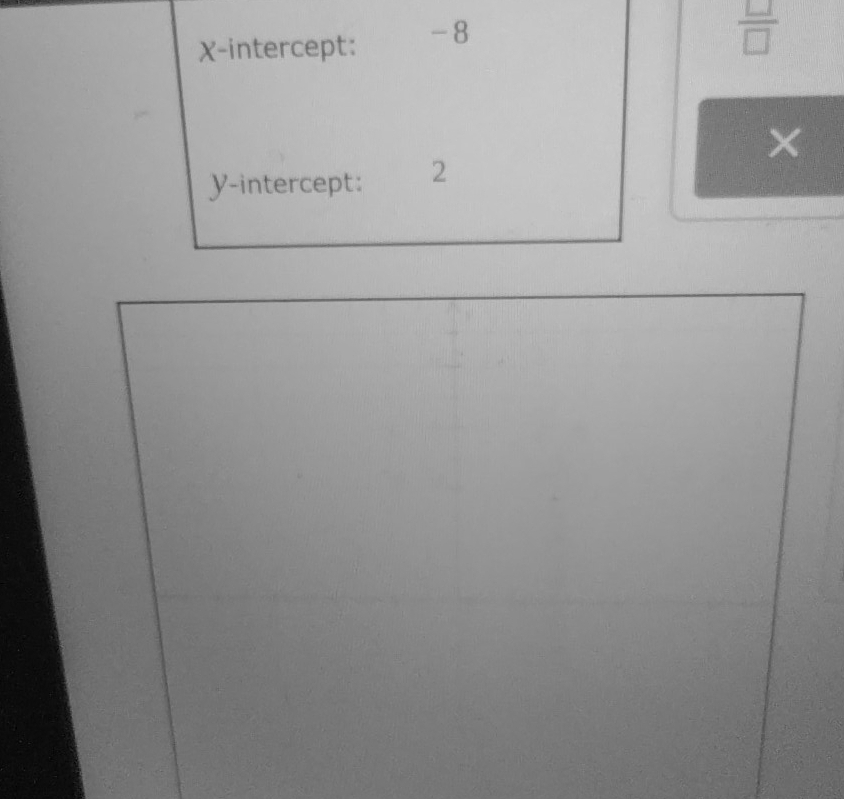 X-intercept: -8
 □ /□  
× 
y-intercept: 2