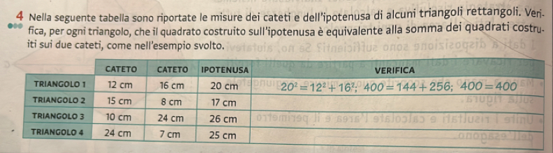 Nella seguente tabella sono riportate le misure dei cateti e dell’ipotenusa di alcuni triangoli rettangoli. Verj.
fica, per ogni triangolo, che il quadrato costruito sull’ipotenusa è equivalente alla somma dei quadrati costru-
iti sui due cateti, come nell’esempio svolto.