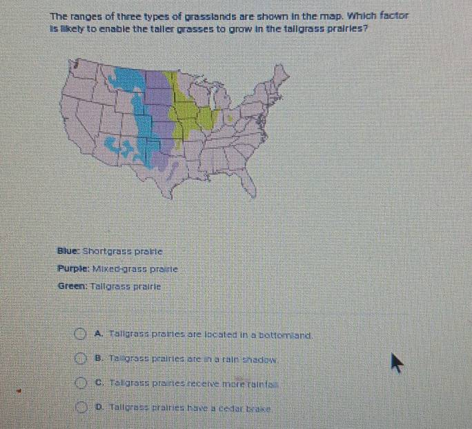 The ranges of three types of grasslands are shown in the map. Which factor
is likely to enable the taller grasses to grow in the fallgrass prairies?
Blue: Shortgrass praire
Purple: Mixed-grass praiste
Green: Tallgrass prairie
A. Taligrass praies are located in a bottomiand.
B. Tailgrass prairies ate in a rain shadow.
C. Taligrass prairtes receive more rainta
D. Tallgrass prairies have a cedar brake