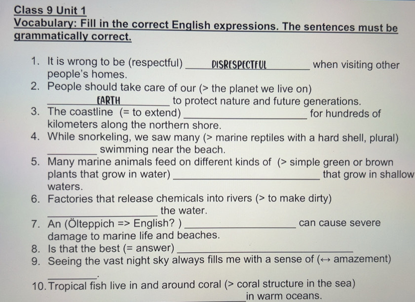 Gelöst:Class 9 Unit 1 Vocabulary: Fill in the correct English ...