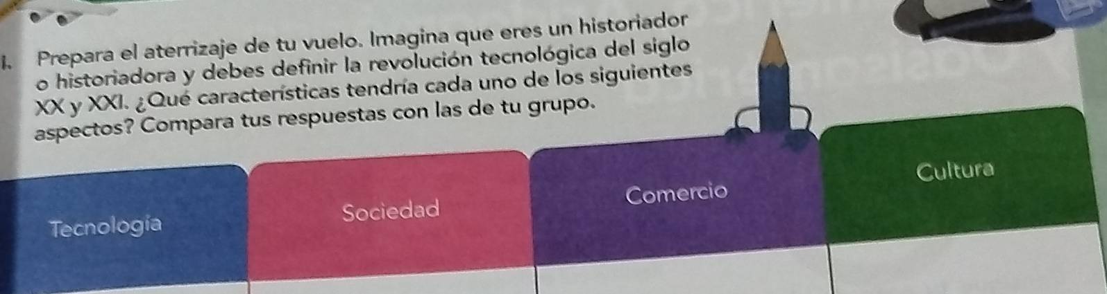 Prepara el aterrizaje de tu vuelo. Imagina que eres un historiador
o historiadora y debes definir la revolución tecnológica del siglo
XX y XXI. ¿Qué características tendría cada uno de los siguientes
aspectos? Compara tus respuestas con las de tu grupo.
Cultura
Tecnología Sociedad Comercio