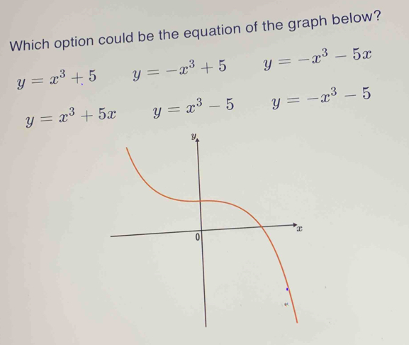 Which option could be the equation of the graph below?
y=x^3+5 y=-x^3+5 y=-x^3-5x
y=x^3+5x y=x^3-5 y=-x^3-5