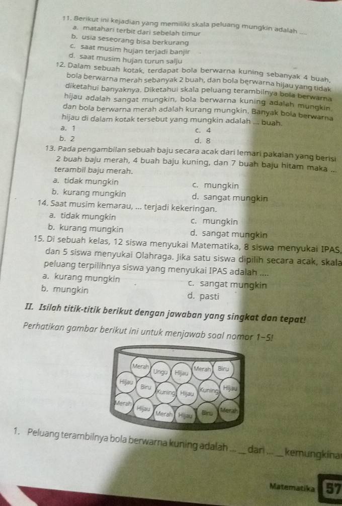 Berikut ini kejadian yang memiliki skala peluang mungkin adalah_
a. matahari terbit dari sebelah timur
b. usia seseorang bisa berkurang
c. saat musim hujan terjadi banjir
d. saat musim hujan turun salju
12. Dalam sebuah kotak, terdapat bola berwarna kuning sebanyak 4 buah,
bola berwarna merah sebanyak 2 buah, dan bola berwarna hijau yang tidak
diketahui banyaknya. Diketahui skala peluang terambilnya bola berwarna
hijau adalah sangat mungkin, bola berwarna kuning adalah mungkin
dan bola berwarna merah adalah kurang mungkin. Banyak bola berwarna
hijau di dalam kotak tersebut yang mungkin adalah ... buah.
a. 1 c. 4
b. 2 d. 8
13. Pada pengambilan sebuah baju secara acak dari lemari pakaian yang berisi
2 buah baju merah, 4 buah baju kuning, dan 7 buah baju hitam maka ...
terambil baju merah.
a. tidak mungkin c. mungkin
b. kurang mungkin d. sangat mungkin
14. Saat musim kemarau, ... terjadi kekeringan.
a. tidak mungkin c. mungkin
b. kurang mungkin d. sangat mungkin
15. Di sebuah kelas, 12 siswa menyukai Matematika, 8 siswa menyukai IPAS,
dan 5 siswa menyukai Olahraga. Jika satu siswa dipilih secara acak, skala
peluang terpilihnya siswa yang menyukai IPAS adalah ....
a. kurang mungkin c. sangat mungkin
b. mungkin d. pasti
II. Isilah titik-titik berikut dengan jawaban yang singkat dan tepat!
Perhatikan gambar berikut ini untuk menjawab soal nomor 1-5!
1. Peluang terambilnya bola berwarna kuning adalah_ dari_ kemungkina
Matematika 57