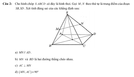 Cho hình chóp S. ABCD có đây là hình thoi. Gọi M, N theo thứ tự là trung điểm của đoạn
SB, SD. Xét tính đúng sai của các khẳng định sau:
a) MNparallel AD.
b) MN và BD là hai đường thắng chéo nhau.
c) AC⊥ MN
d) (MN,AC)=90°