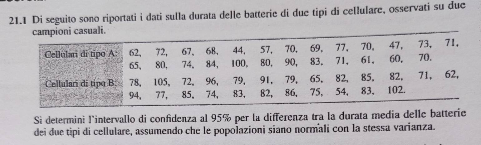 21.1 Di seguito sono riportati i dati sulla durata delle batterie di due tipi di cellulare, osservati su due 
campioni casuali. 
Si determini l’intervallo di confidenza al 95% per la differenza tra la durata media delle batterie 
dei due tipi di cellulare, assumendo che le popolazioni siano normali con la stessa varianza.