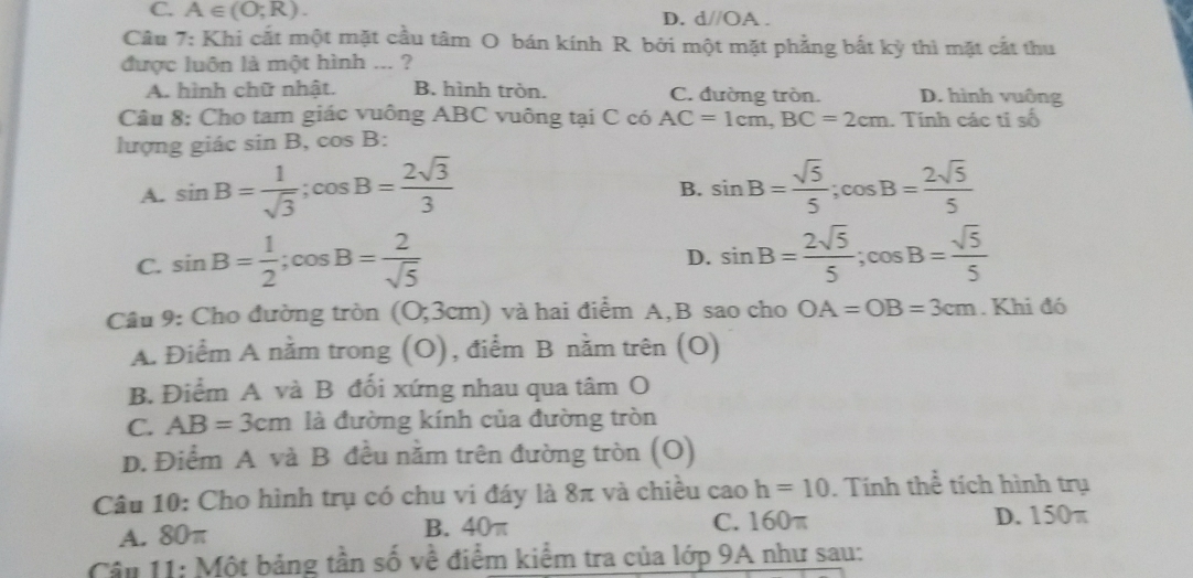 C. A∈ (O;R). D. d//OA
Câu 7: Khi cắt một mặt cầu tâm O bán kính R bởi một mặt phẳng bắt kỳ thì mặt cắt thu
được luôn là một hình ... ?
A. hình chữ nhật. B. hình tròn. C. đường tròn. D. hình vuông
Câu 8: Cho tam giác vuông ABC vuông tại C có AC=1cm, BC=2cm. Tính các tỉ số
lượng giác sin B, cos B :
A. sin B= 1/sqrt(3) ; cos B= 2sqrt(3)/3  sin B= sqrt(5)/5 ; cos B= 2sqrt(5)/5 
B.
C. sin B= 1/2 ; cos B= 2/sqrt(5) 
D. sin B= 2sqrt(5)/5 ; cos B= sqrt(5)/5 
Câu 9: Cho đường tròn (0;3cm) và hai điểm A,B sao cho OA=OB=3cm. Khi đó
A. Điểm A nằm trong (O), điểm B nằm trên (O)
B. Điểm A và B đối xứng nhau qua tâm O
C. AB=3cm là đường kính của đường tròn
D. Điểm A và B đều nằm trên đường tròn (O)
Câu 10: Cho hình trụ có chu vi đáy là 8π và chiều cao h=10. Tính thể tích hình trụ
A. 80π B. 40π C. 160π D. 150π
Câu 11: Một bảng tần số về điểm kiểm tra của lớp 9A như sau: