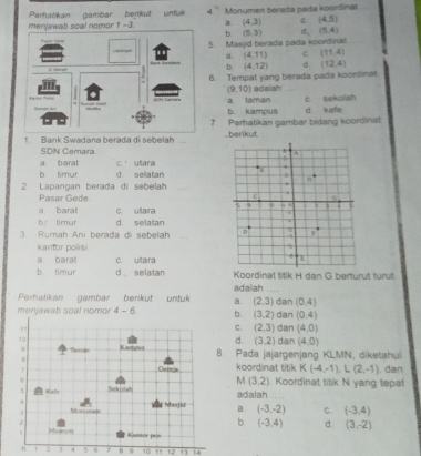 menjawab soal nomor 1 -3 Perhatkan gambar benikut untuk 4.Monumen berada pada koordinat
8. (4,3) c (4,5)
b. (5,3) d. (5,4)
5. Masjid berada pada koordinat
a. (4,11) c. (11,4)
b.
6. Tempat yang berada pada koordinat (4,12) d (12,4)
(9,10) adalah_
a taman c. sekoliah d kafe
b. kampus
7 Perhatikan gambar bidang koordinat
1. Bank Swadana berada di sebelah ... _berikut.
SDN Cemara
a barat c utara
b. timur d selatan
2 Lapançan berada di sebelah
Pasar Gede
a barat c utara
by timur d selatan
3 Rumah Ani berada di sebelah _
kanfor polisi
l baral c utara
b timur d selatan Koordinat titik H dan G berturut turut
Perhatikan gambár berikut untuk a. adalah ....
(2.3) dan (0,4)
menjawab soal nomor 4-6 b. (3,2) dan (0,4)
C. (2,3) dan (4,0)
d. (3,2)
dan (4,0)
Pada jajargenjang KLMN, diketahui
koordinat titik K(-4,-1), L(2,-1). dan
M (3,2). Koordinat titik N yang tepat
a. adalah
(-3,-2) C.
(-3,4)
b (-3,4) d (3,-2)
6 1 2 ] 4 5 7 9 10 12 13 1 4