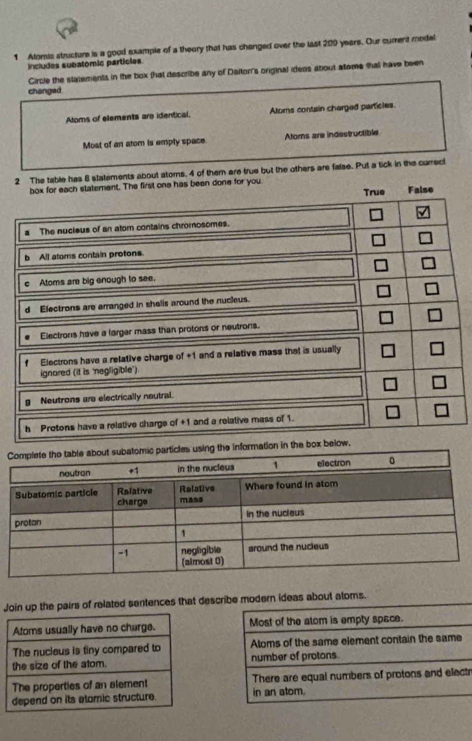 Atomis structure is a good example of a theory that has changed over the last 200 years. Our current model
includes subatomic particles.
Circle the statements in the box that describe any of Daltor's original ideas about atoms that have been
changed
Atoms of elements are identical. Aloms contain cherged particles.
Most of an atom is emply space. Atoms are indestructible
ements about atoms. 4 of them are true but the others are false. Put a tick in the currect
m
Jin up the pairs of related sentences that describe modern ideas about atoms.
Most of the atom is empty space.
Atoms of the same element contain the same
number of protons.
There are equal numbers of protons and electr
in an stom.