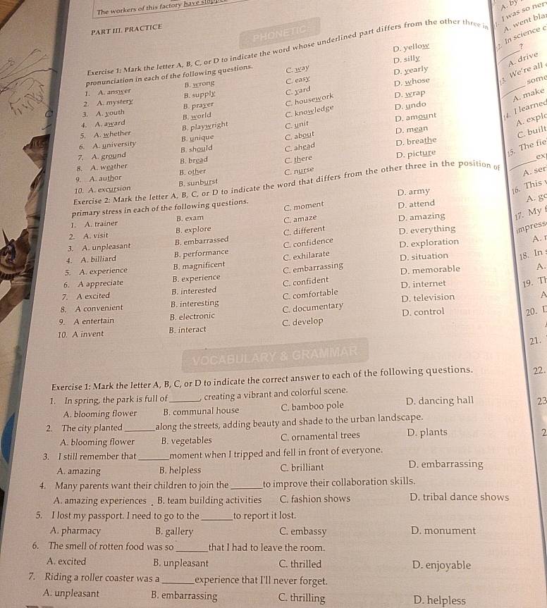 The workers of this factory have s__p_
I was so ner
PART III. PRACTICE
PHONETIC
D. yellow 2. In science A. went bla
Exercise 1: Mark the letter A, B, C, or D to indicate the word whose underlined part differs from the other three A. by
D. silly
_
pronunciation in each of the following questions. C. way _?
D. whose  We're all A. drive
some
1. A. answer B. wrong C. easy D. yearly
2. A. mystery B. supply C. yard
3. A. youth B. prayer C. housework D. wrap
A. make
D. amount 4. I learned
4. A. award B. world C. knowledge D. undo
5. A. whether B. playwright C. unit
A. exple
6. A. university B. unique C. about D. mean
C. built
D. breathe
7. A. ground B. should C. ahead
9. A. author B. other D. picture 15. The fie
8. A. weather B. bread
C. there
Exercise 2: Mark the letter A. B, C, or D to indicate the word that differs from the other three in the position o _ex
10. A. excursion B. sunburst C. nurse
A. ser
16. This
C. moment
C. amaze D. attend
A. g
primary stress in each of the following questions. D. army
1. A. trainer B. exam
2. A. visit B. explore C. different D. amazing 17. My
3. A. unpleasant B. embarrassed D. everything impress
4. A. billiard B. performance C. confidence D. exploration
A.
5. A. experience B. magnificent C. exhilarate D. situation 18. In 
6. A appreciate B. experience C. embarrassing D. memorable
A.
7. A excited B. interested C. confident D. internet
19. Th
8. A convenient B. interesting C. comfortable D. television
A
9. A entertain B. electronic C. documentary D. control
20. L
10. A invent B. interact C. develop
21.
VOCABULARY & GRAMMAR
Exercise 1: Mark the letter A, B, C, or D to indicate the correct answer to each of the following questions. 22.
1. In spring, the park is full of _ creating a vibrant and colorful scene.
A. blooming flower B. communal house C. bamboo pole D. dancing hall 23
2. The city planted_ along the streets, adding beauty and shade to the urban landscape.
A. blooming flower B. vegetables C. ornamental trees D. plants
2
3. I still remember that _moment when I tripped and fell in front of everyone.
A. amazing B. helpless C. brilliant D. embarrassing
4. Many parents want their children to join the _to improve their collaboration skills.
A. amazing experiences  B. team building activities C. fashion shows D. tribal dance shows
5. I lost my passport. I need to go to the _to report it lost.
A. pharmacy B. gallery C. embassy D. monument
6. The smell of rotten food was so_ that I had to leave the room.
A. excited B. unpleasant C. thrilled D. enjoyable
7. Riding a roller coaster was a _experience that I'll never forget.
A. unpleasant B. embarrassing C. thrilling D. helpless