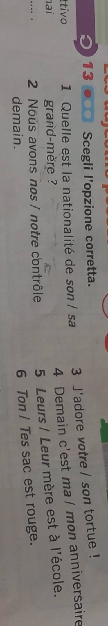 a 13 loo Scegli l’opzione corretta. 
3 J'adore votre / son tortue ! 
4 Demain c'est ma l mon anniversaire 
ttivo 1 Quelle est la nationalité de son/ sa 
nai grand-mère ? 
... 2 Nous avons nos / notre contrôle 
5 Leurs / Leur mère est à l'école. 
demain. 
6 Ton / Tes sac est rouge.
