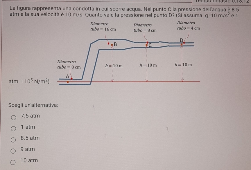 Tempó fmasto 0. 18.12
La figura rappresenta una condotta in cui scorre acqua. Nel punto C la pressione dell’acqua è 8.5
atm e la sua velocità è 10 m/s. Quanto vale la pressione nel punto D? (Si assuma g=10m/s^2 e 1
atm=10^5N/m^2).
Scegli un'alternativa:
7.5 atm
1 atm
8.5 atm
9 atm
10 atm