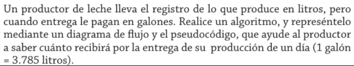 Un productor de leche lleva el registro de lo que produce en litros, pero 
cuando entrega le pagan en galones. Realice un algoritmo, y represéntelo 
mediante un diagrama de flujo y el pseudocódigo, que ayude al productor 
a saber cuánto recibirá por la entrega de su producción de un día (1 galón
=3.785 litros).