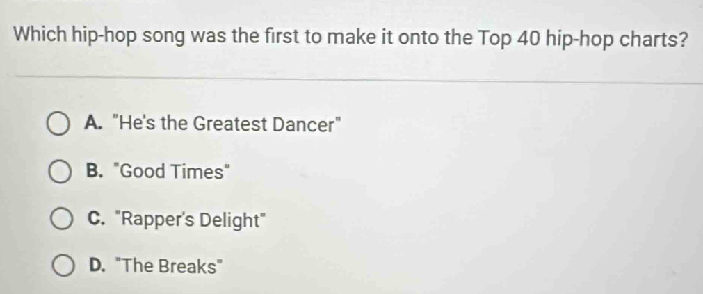 Which hip-hop song was the first to make it onto the Top 40 hip-hop charts?
A. "He's the Greatest Dancer"
B. "Good Times"
C. "Rapper's Delight"
D. "The Breaks"