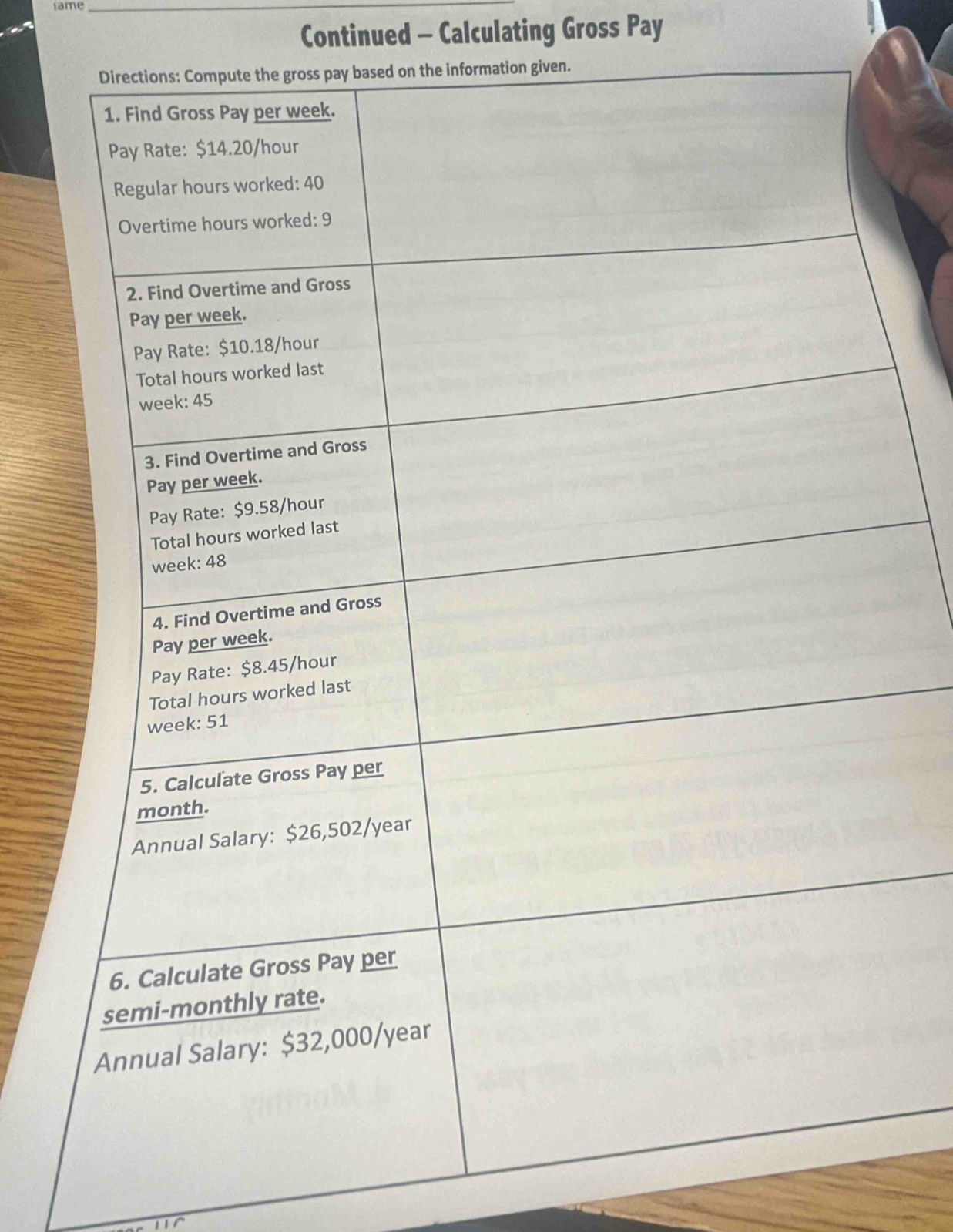 1ame 
_ 
Continued - Calculating Gross Pay