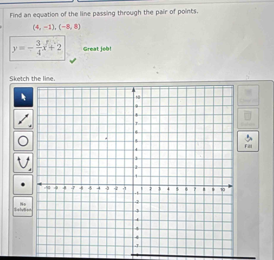 Find an equation of the line passing through the pair of points.
(4,-1), (-8,8)
y=- 3/4 x+2 Great job! 
Sketch the line. 
Fill 
No 
Soluti