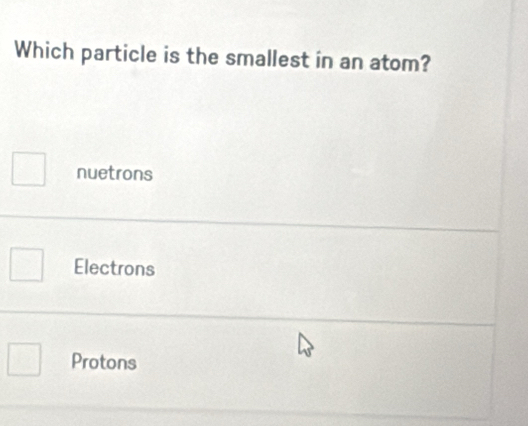 Which particle is the smallest in an atom?
nuetrons
Electrons
Protons