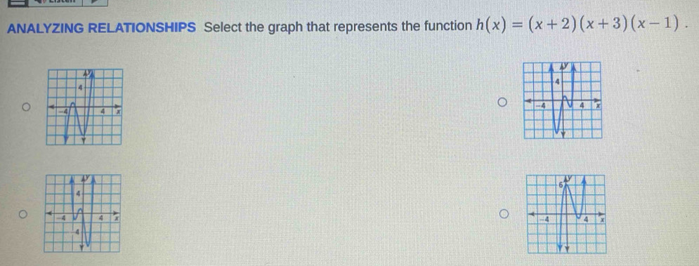 ANALYZING RELATIONSHIPS Select the graph that represents the function h(x)=(x+2)(x+3)(x-1).