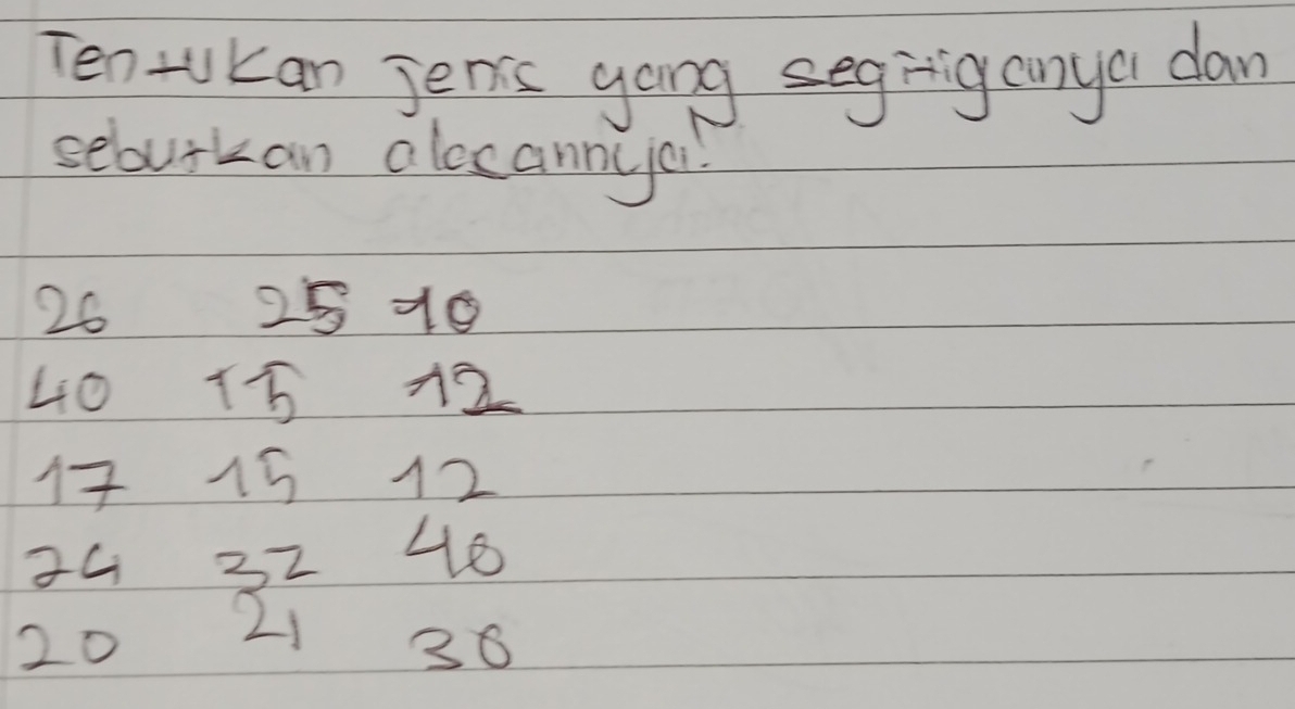 TentKan jen's gong seghig anya dan 
sebutkan alccanniai!
26 2510
40 15 12
15 12
34 32 46
20 21
36