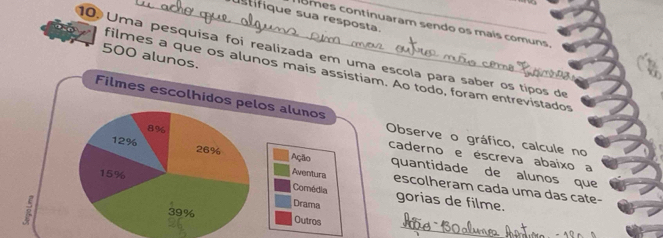 stifique sua resposta._ 
comes continuaram sendo os mais comuns. 
10 Uma pesquisa foi realizada em uma escola para saber os tipos de
500 alunos. 
filmes a que os alunos ma. Ao todo, foram entrevistados 
Observe o gráfico, calcule no 
caderno e éscreva abaixo a 
quantidade de alunos que 
escolheram cada uma das cate- 
gorias de filme. 
_