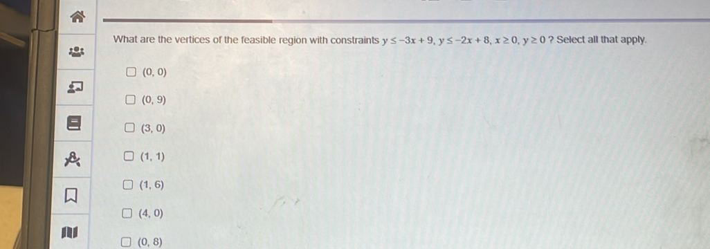 What are the vertices of the feasible region with constraints y≤ -3x+9, y≤ -2x+8, x≥ 0, y≥ 0 ? Select all that apply.
(0,0)
(0,9)
(3,0)
(1,1)
(1,6)
(4,0)
(0,8)