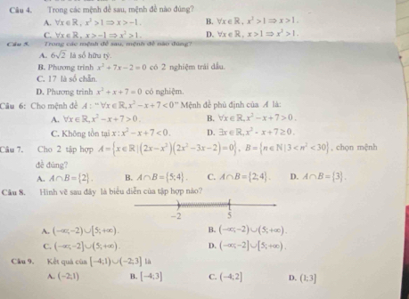 Câu 4, Trong các mệnh đề sau, mệnh đề nào đùng?
A. forall x∈ R,x^2>1Rightarrow x>-1. B. forall x∈ R,x^2>1Rightarrow x>1.
C. forall x∈ R,x>-1Rightarrow x^2>1. D. forall x∈ R,x>1Rightarrow x^2>1.
Cầu 5.  Trong các mệnh đề sau, mệnh đề nào đùng?
A. 6sqrt(2) là số hữu tỷ
B. Phương trinh x^2+7x-2=0 có 2 nghiệm trái dầu.
C. 17 là số chẵn.
D. Phương trinh x^2+x+7=0 có nghiệm.
Câu 6: Cho mệnh đề A:-forall x∈ R,x^2-x+7<0'' Mệnh để phủ định của Á là:
A. forall x∈ R,x^2-x+7>0. B. forall x∈ R,x^2-x+7>0.
C. Không tồn tại x:x^2-x+7<0. D. exists x∈ R,x^2-x+7≥ 0.
Câu 7. Cho 2 tập hợp A= x∈ R|(2x-x^2)(2x^2-3x-2)=0 ,B= n∈ N|3 <30 , chọn mệnh
dè dùng?
A. A∩ B= 2 ,B= 2 . B. A∩ B= 5;4 . C. A∩ B= 2;4 . D. A∩ B= 3 .
Câu 8. Hình vẽ sau đây là biểu diễn của tập hợp nào?
A. (-∈fty ,-2)∪ [5,+∈fty ). B. (-∈fty ,-2)∪ (5;+∈fty ).
C. (-∈fty ,-2]∪ (5,+∈fty ). D. (-∈fty ;-2]∪ [5;+∈fty ).
Cầu 9. Kết quả của [-4;1)∪ (-2;3] là
A. (-2;1) B. [-4;3] C. (-4;2] D. (1:3]