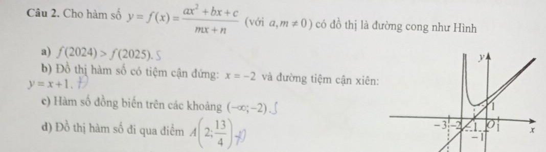 Cho hàm số y=f(x)= (ax^2+bx+c)/mx+n  (với a,m!= 0) có đồ thị là đường cong như Hình 
a) f(2024)>f(2025)
b) Đồ thị hàm số có tiệm cận đứng: x=-2 và đường tiệm cận xiên
y=x+1. 
c) Hàm số đồng biến trên các khoảng (-∈fty ;-2)
d) Đồ thị hàm số đi qua điểm A(2; 13/4 )-()