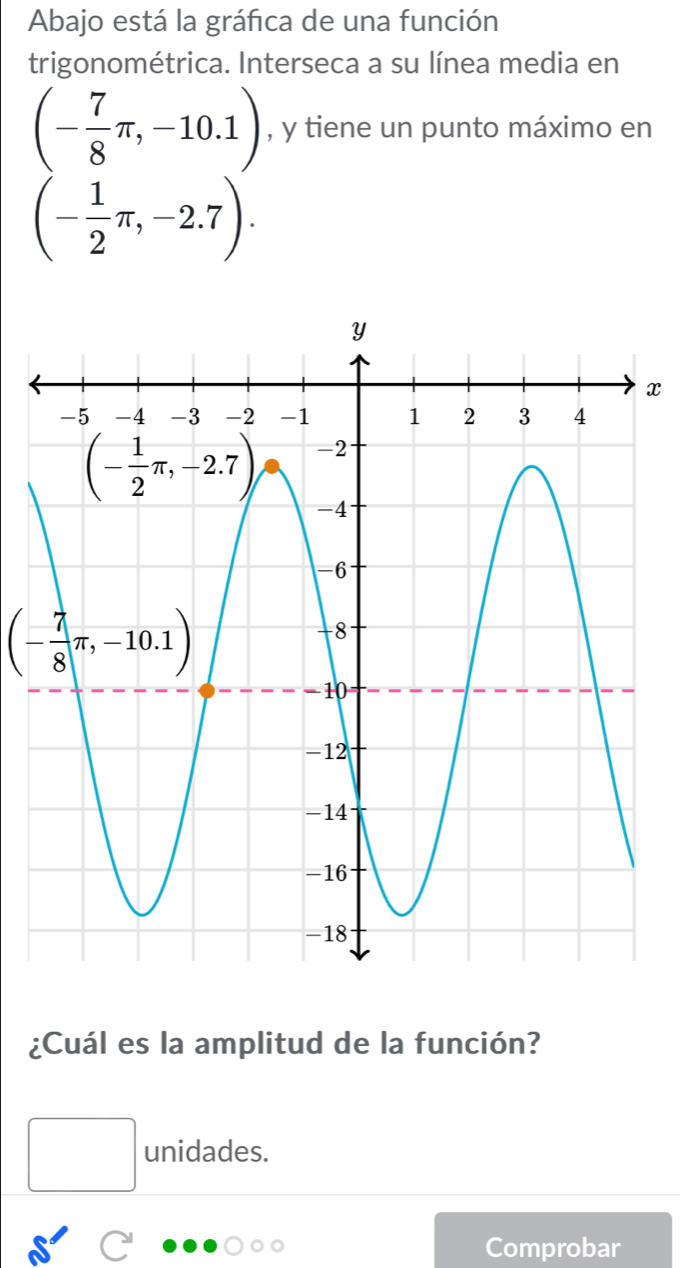 Abajo está la gráfica de una función
trigonométrica. Interseca a su línea media en
(- 7/8 π ,-10.1) , y tiene un punto máximo en
(- 1/2 π ,-2.7).
x
(- 7/8 π ,-10.1)
¿Cuál es la amplitud de la función?
□ 
unidades.
^
Comprobar